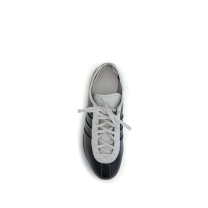 Y-3 Black Calf Leather Bos Taurus Low Top Sneakers top view with lace-up closure and striped detail