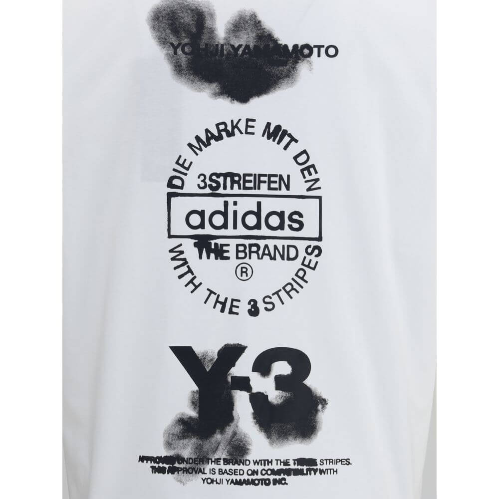 Back view of Y-3 White Cotton Sportswear with black overlapping logo graphic and Adidas text for Autumn/Winter 2025 collection.