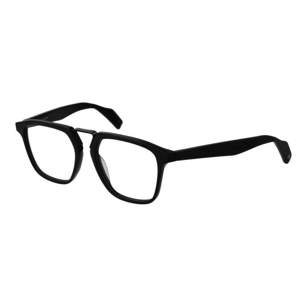 Yohji Yamamoto Black Plastic Glasses (Frames) in full-rim rectangle style for men, featuring black plastic frame and demo lenses.