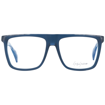 Yohji Yamamoto Blue Plastic Glasses (Frames) featuring full-rim trapezium style with demo lenses, including branded soft case.