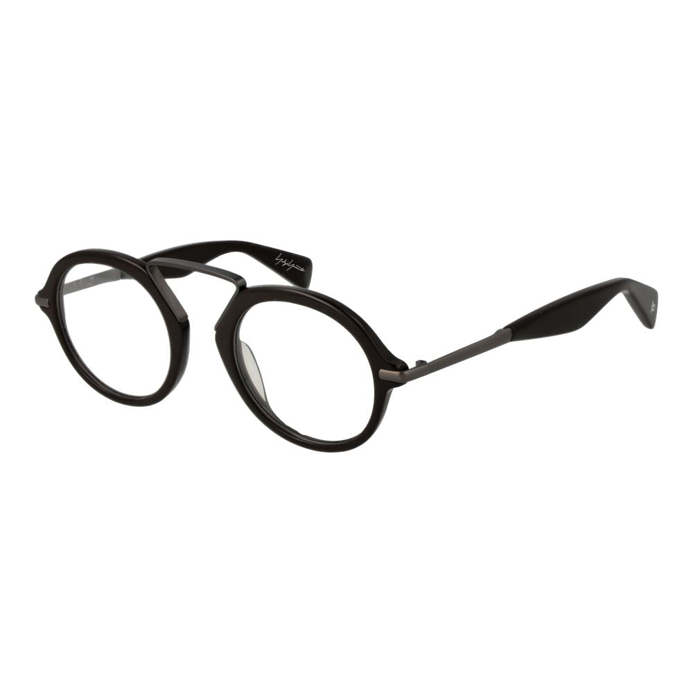 Yohji Yamamoto Brown Plastic Glasses (Frames) for men, round full-rim style with demo lenses, frame width 145mm, includes soft case.