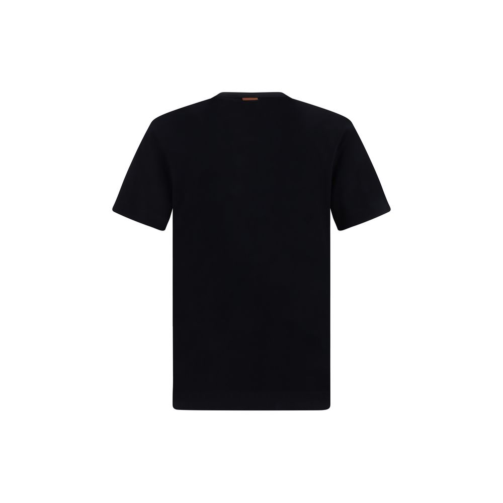 ZEGNA Black Cotton T-Shirt with ribbed crew neck and iconic monogram. 100% cotton, regular fit, perfect for AW25 season.
