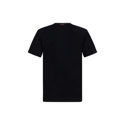 ZEGNA Black Cotton T-Shirt with ribbed crew neck and iconic monogram. 100% cotton, regular fit, perfect for AW25 season.