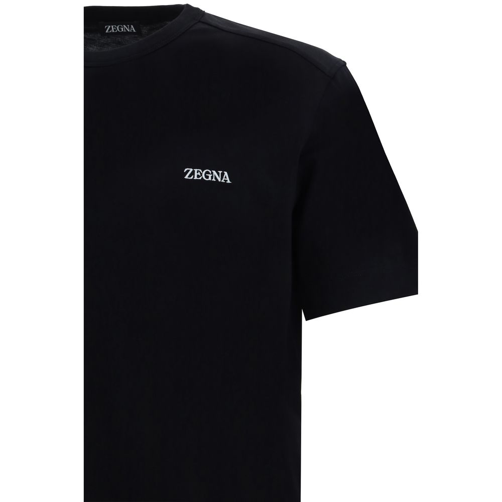 ZEGNA Black Cotton T-Shirt with ribbed crew neck and brand monogram