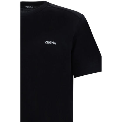 ZEGNA Black Cotton T-Shirt with ribbed crew neck and brand monogram