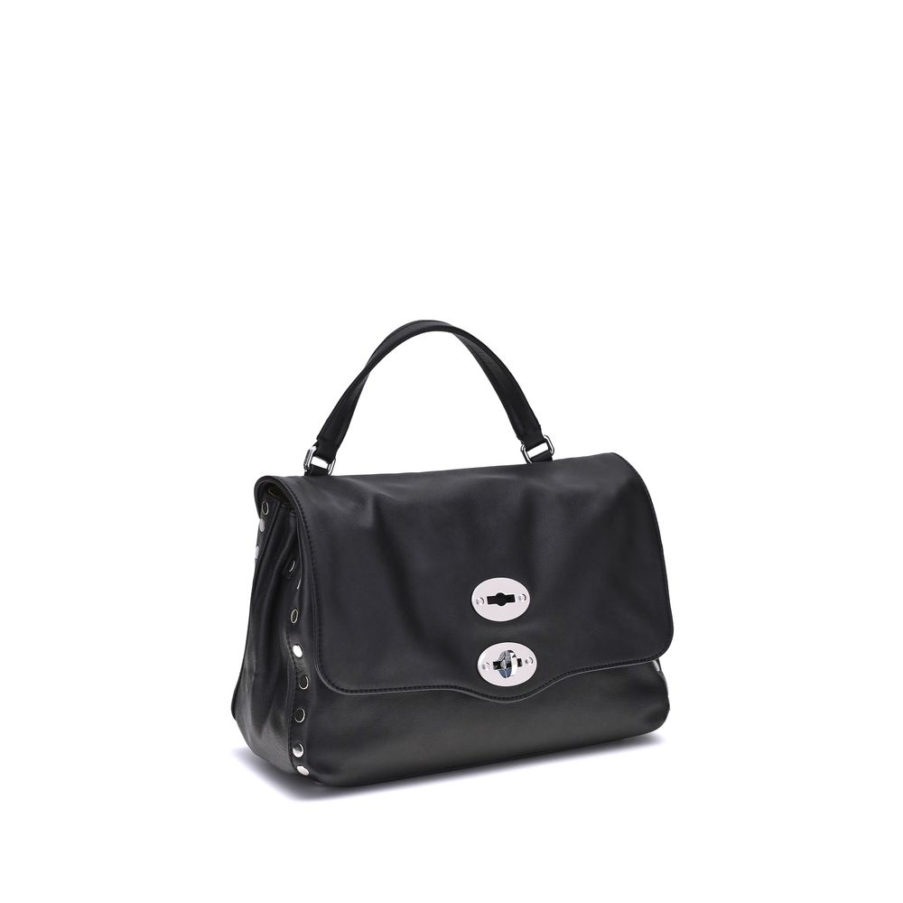Zanellato Black Calf Leather Bos Taurus Handbag with front twist-hook closure and top handle.