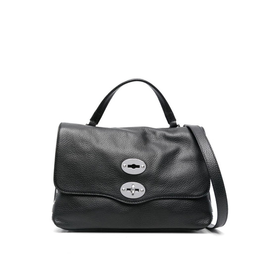 Zanellato Postina Daily medium leather handbag in black calf leather with grained texture and turn-clasp fastening.