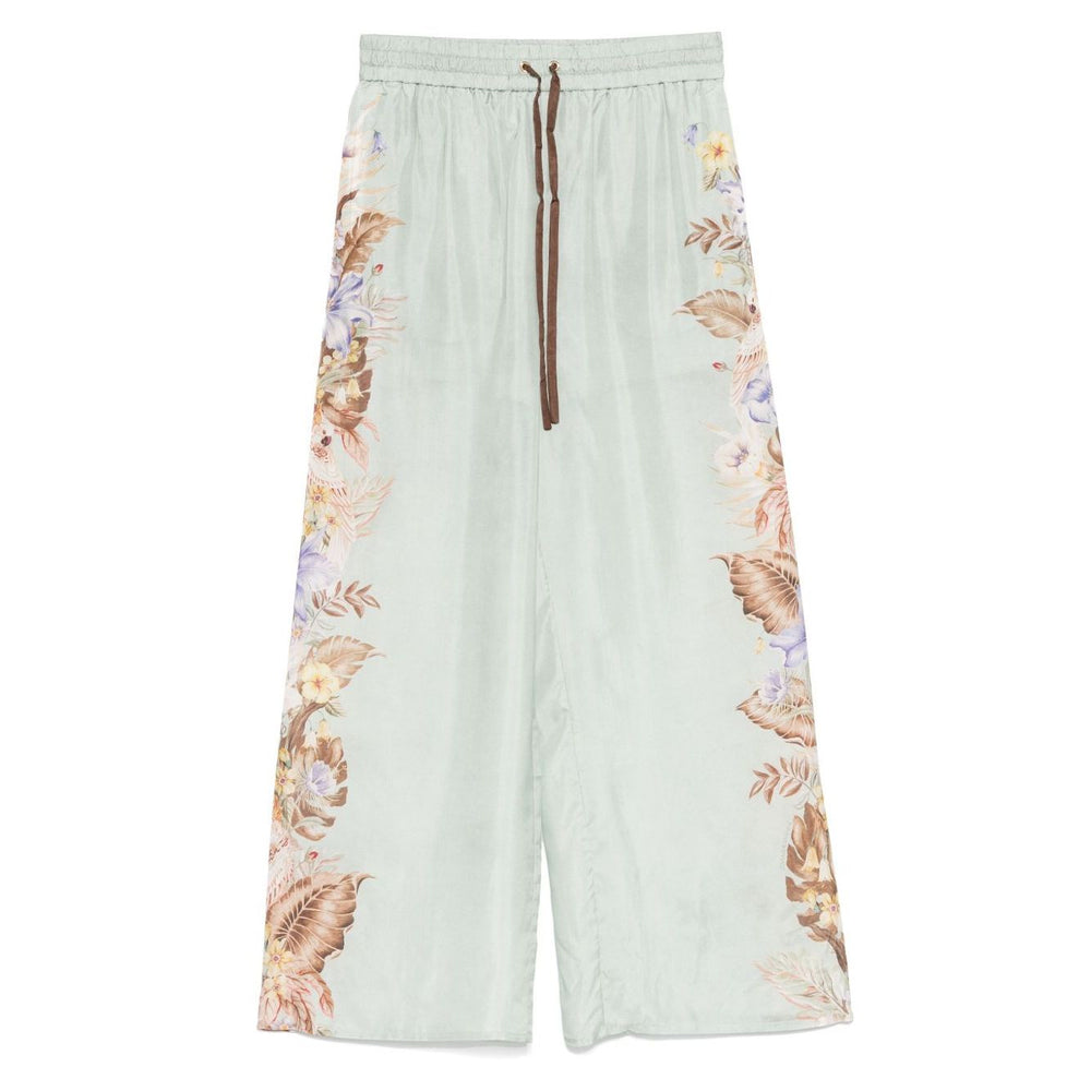 Zimmermann Coco trousers in sage green with floral print, elasticated drawstring waistband, silk fabric, true to size fit.