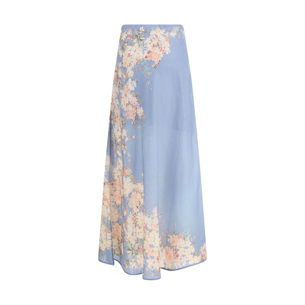Zimmermann Light Blue Linen Long Skirt with floral print, elastic waist, partial lining, and elegant design for AW25 season.