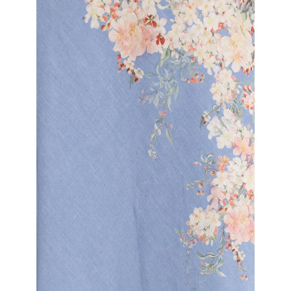 Zimmermann Light Blue Linen Long Skirt with floral print, AW25 collection, 100% linen, feminine summer look, elastic waist, partial lining.