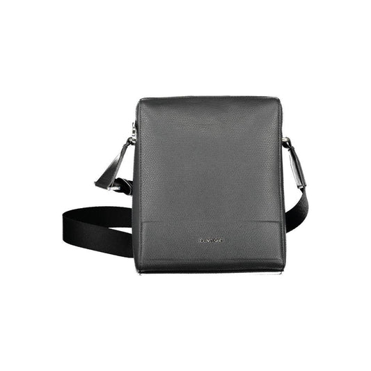 Calvin Klein black polyester men's shoulder bag with adjustable strap and logo, designed for eco-conscious fashion and functionality.