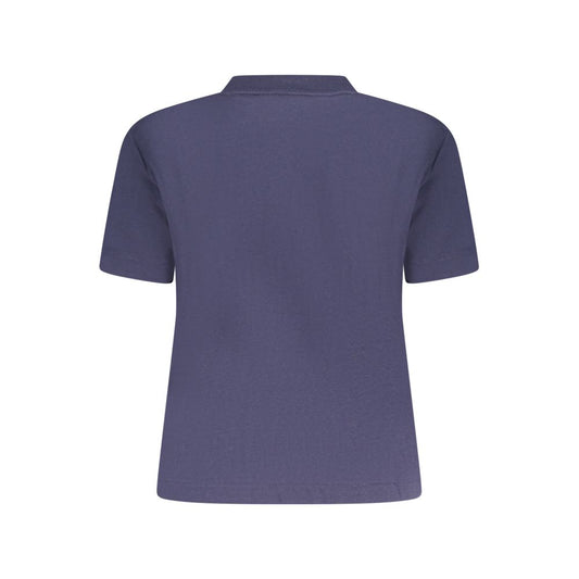 Back view of Calvin Klein blue cotton women's T-shirt with short sleeves and crew neck for casual wear.