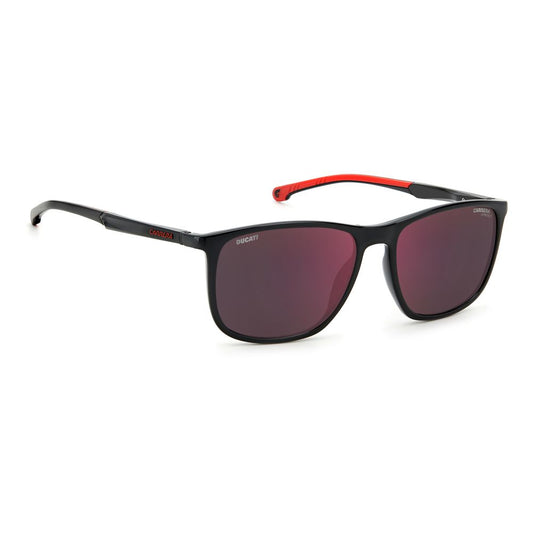 Carrera Ducati black resin sunglasses with red accents and UV protection, featuring lens, bridge, temple size 57/17/145 mm.