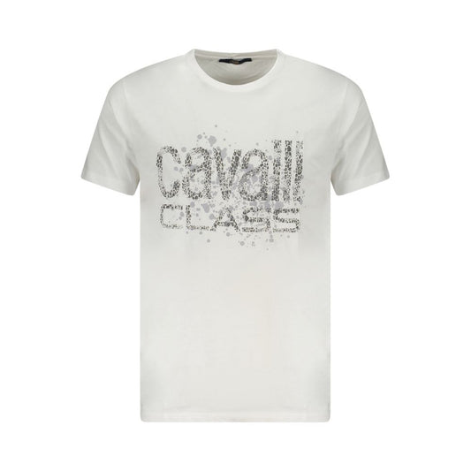 Cavalli Class white cotton men's T-shirt with striking print, iconic logo, crew neck, and Italian luxury design.