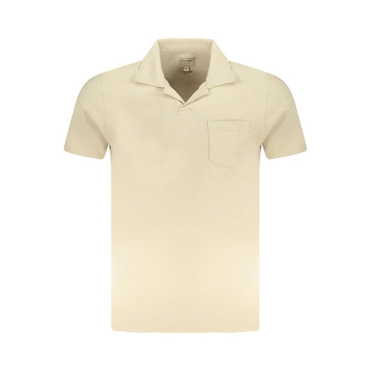 Beige Guess Jeans men's V-neck cotton T-shirt with pocket and logo applique.