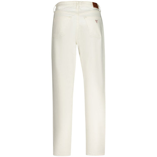 Back view of Guess white cotton women's mom jeans with high waist and relaxed fit tapering to ankle length.