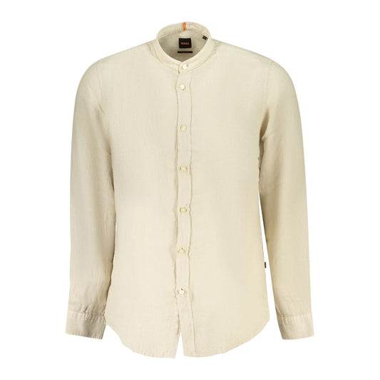 Hugo Boss beige linen men's shirt with mandarin collar and 1-button cuffs, showcasing a sleek and sophisticated regular fit design.