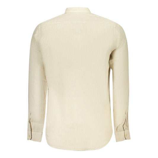 Back view of Hugo Boss Beige Linen Men Shirt with mandarin collar and 1-button cuffs, showcasing elegant tailoring and timeless design.