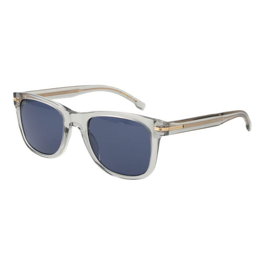 Hugo Boss gray sunglasses for men in eco acetate with full-rim square frame, blue lenses, 100% UVA & UVB protection included.