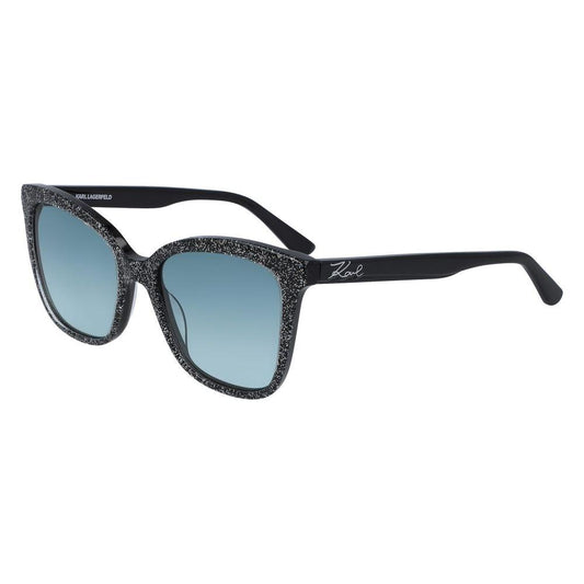 Karl Lagerfeld black acetate sunglasses for women, blue lens, model KL988S-002, size 54/18/140 mm, stylish fashion eyewear.