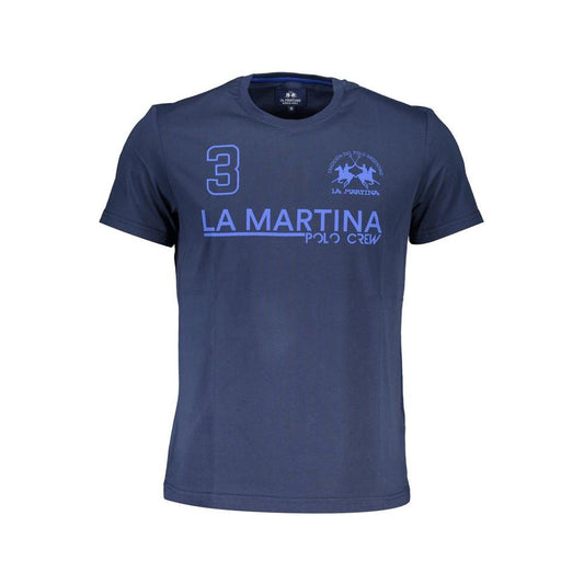 La Martina blue cotton men's T-shirt with bold print and logo, short sleeve crew neck, tailored regular fit, contemporary elegance.