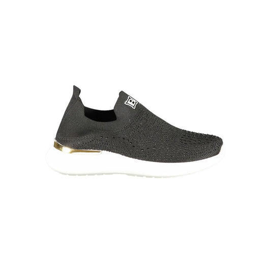Laura Biagiotti black polyester women's sneaker with rhinestones and embroidery, offering high fashion style and comfort.