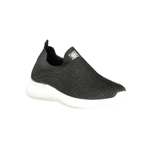 Laura Biagiotti black polyester women's sneaker with rhinestones and embroidery, showcasing elegance and functionality.