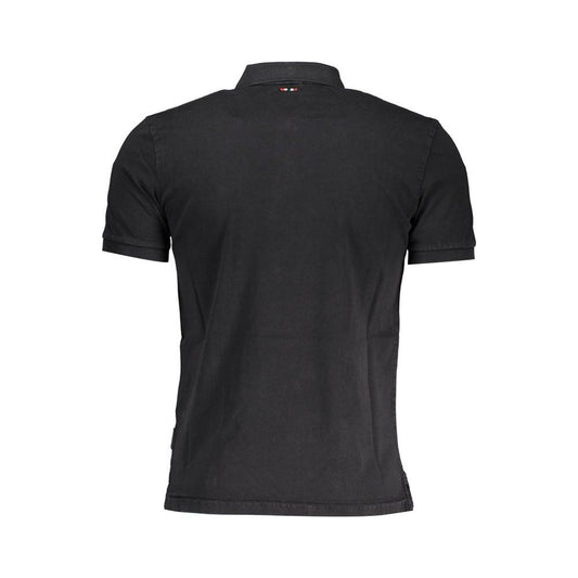 Back view of Napapijri black cotton men's polo shirt with short sleeves and classic dual-button neckline.