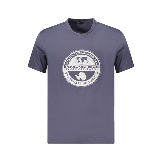 Napapijri blue cotton men's t-shirt with bold logo, crew neck, and short sleeves, made from organic cotton for sustainable style.