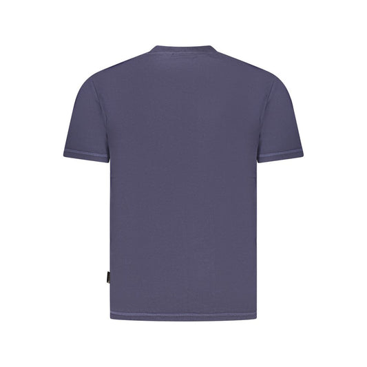 Back view of Napapijri blue cotton men's T-shirt showcasing short sleeves and crew neck style.