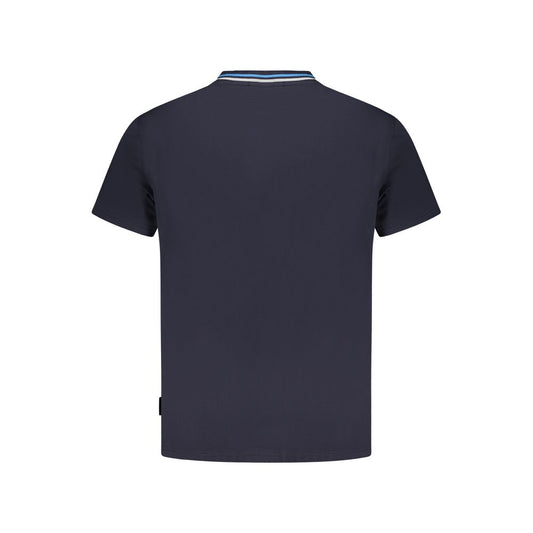 Back view of Napapijri blue cotton T-shirt with crew neck, short sleeves, organic cotton, and contrasting embroidered details.