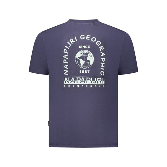 Back view of Napapijri blue cotton men's t-shirt with logo and globe design, organic material, relaxed fit.
