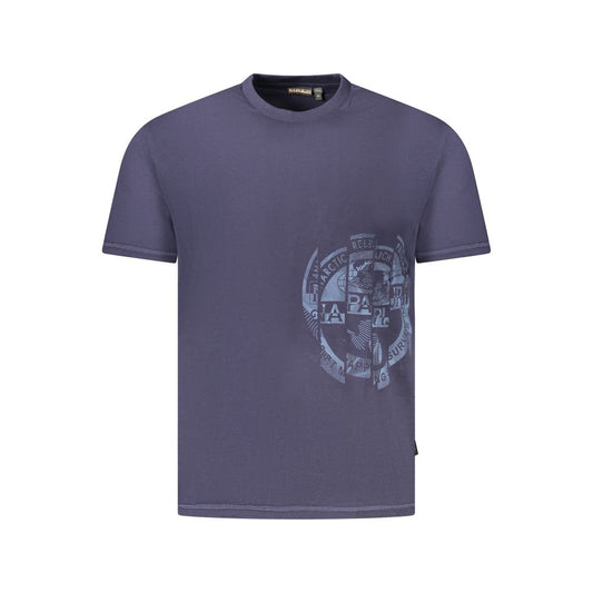 Napapijri blue cotton men's T-shirt with short sleeves, crew neck, and bold logo print, crafted from sustainable organic cotton.