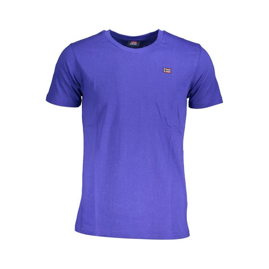 Blue cotton men’s T-shirt by Norway 1963 with crew neck and logo, showcasing contemporary fashion.