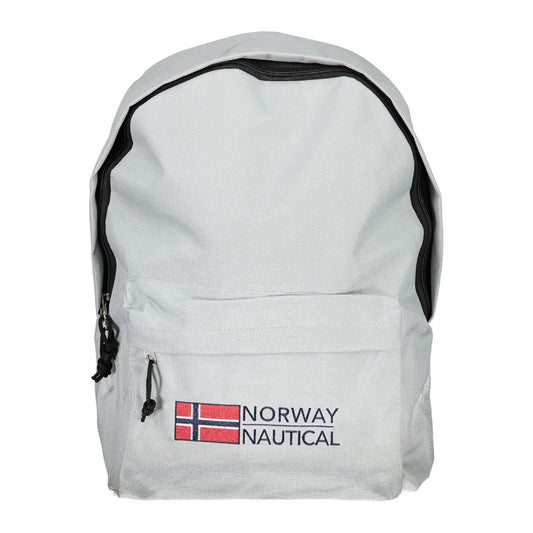 White backpack with Norway Nautical logo and flag, featuring a front pocket and secure zip closure for practical storage.