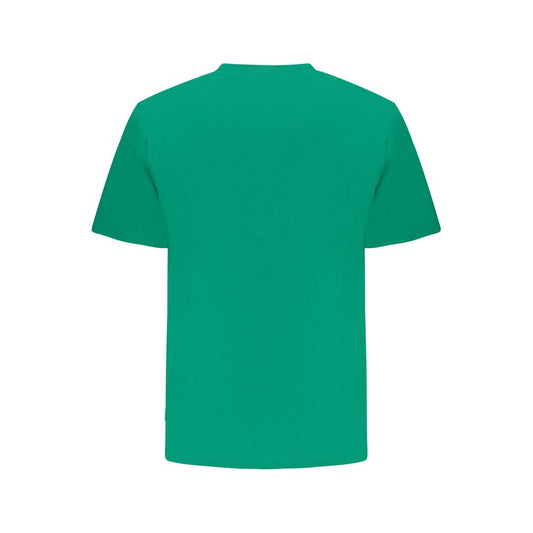Back view of Pepe Jeans green cotton T-shirt with short sleeves and crew neck, featuring embroidery and sustainable 100% cotton fabric.