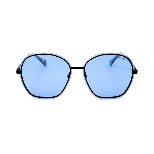 Front view of Polaroid Blue Metal Sunglasses PLD6113-S-MVU with polarized lenses, ideal for women. Lens size 56mm. Stylish and modern design.