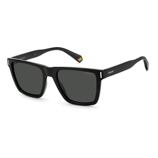 Polaroid black plastic sunglasses with polarized gray lenses and square frame, featuring a matte finish and metal rivet accents.