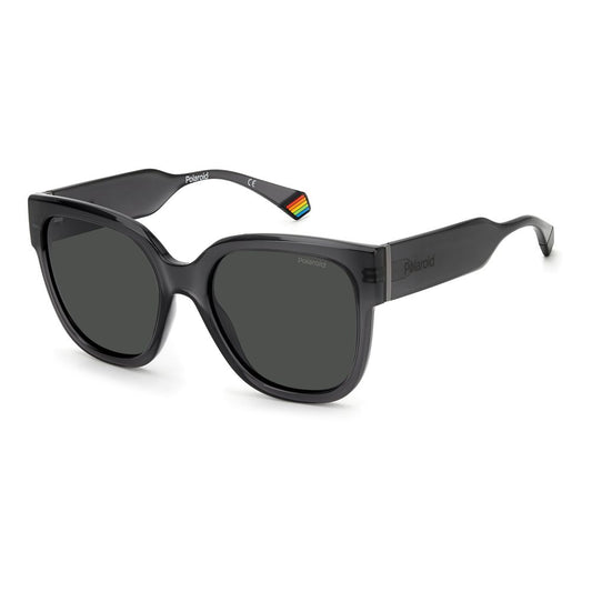 Polaroid gray plastic sunglasses with large square frames, polarized lenses, and rainbow detail on temples. Size: 55/19/140mm.