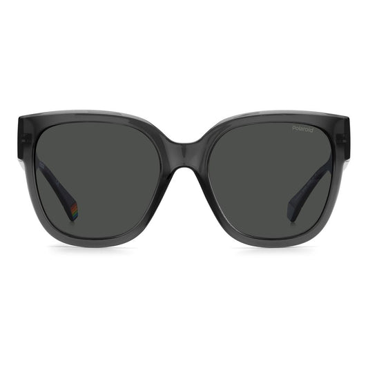 Polaroid gray plastic sunglasses for women with large square frames and rainbow-accented temples, polarized lenses, 55/19/140 mm size.