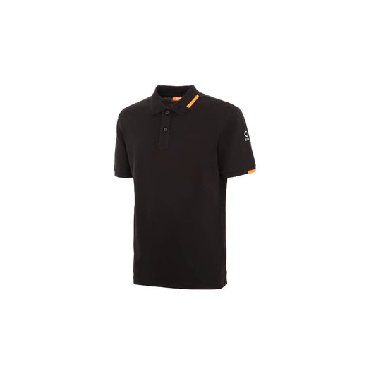 Suns black cotton polo shirt with ribbed collar, logo on sleeve, and front button closure.