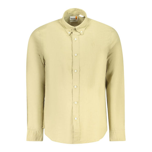 Men's beige cotton shirt by Timberland, featuring a slim fit, button-down collar, and 1-button cuffs, showcasing casual elegance.