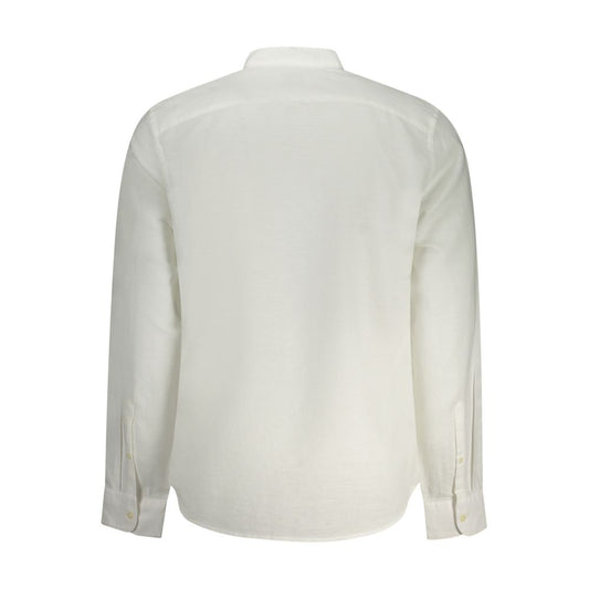 Back view of Timberland white cotton shirt featuring long sleeves, slim fit, Mandarin collar, button details, and logo embroidery.