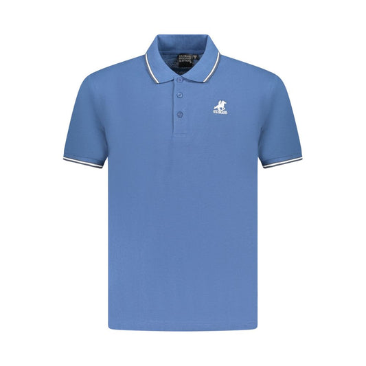 Blue U.S. Grand Polo men's cotton shirt with logo embroidery and three-button placket. Elegant short sleeve design.