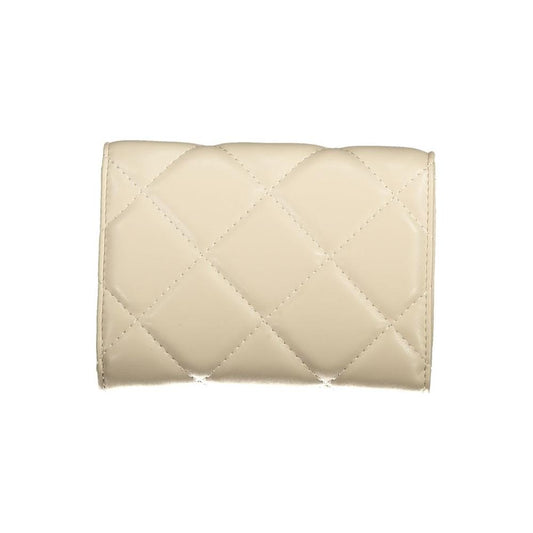 Valentino beige polyethylene wallet with quilted design, three compartments, coin purse, card spaces, and logo. Eco-friendly material.