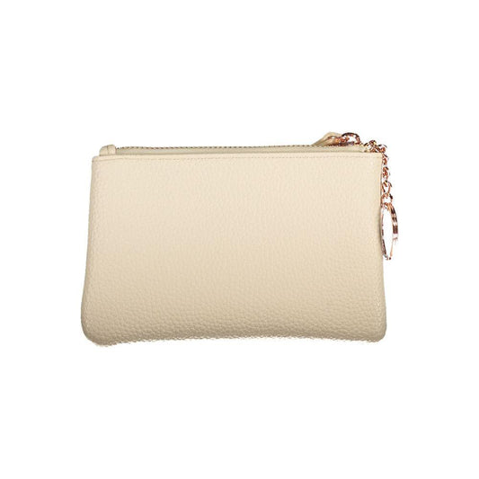 Valentino Bags beige polyethylene wallet with zip closure, internal card spaces, chain key ring, and logo, made from recycled materials.