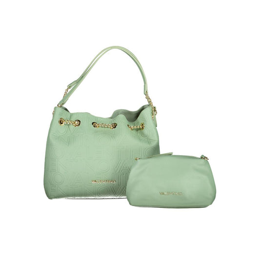 Green Valentino handbag with shoulder straps and snap closure, featuring contrasting details and protective feet. Stylish and versatile.