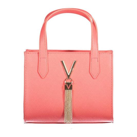 Valentino Bags pink polyethylene handbag with gold V emblem and tassel, featuring double handles for stylish carrying.