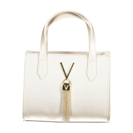 Elegant cream handbag with gold chain tassel and V logo charm.